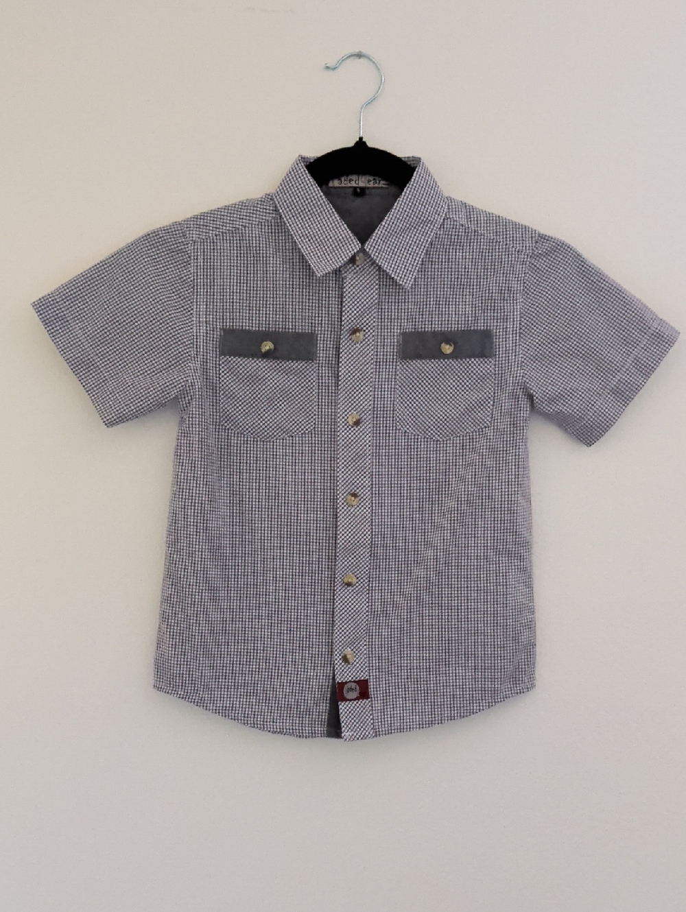 Boys Short-Sleeve Button-Down in Gray and White Check